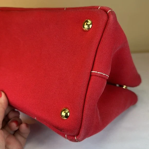 Prada Canapa Red Denim Canvas Snap Sides, Adjustable Removable Strap, Auth Cards - Picture 11 of 16